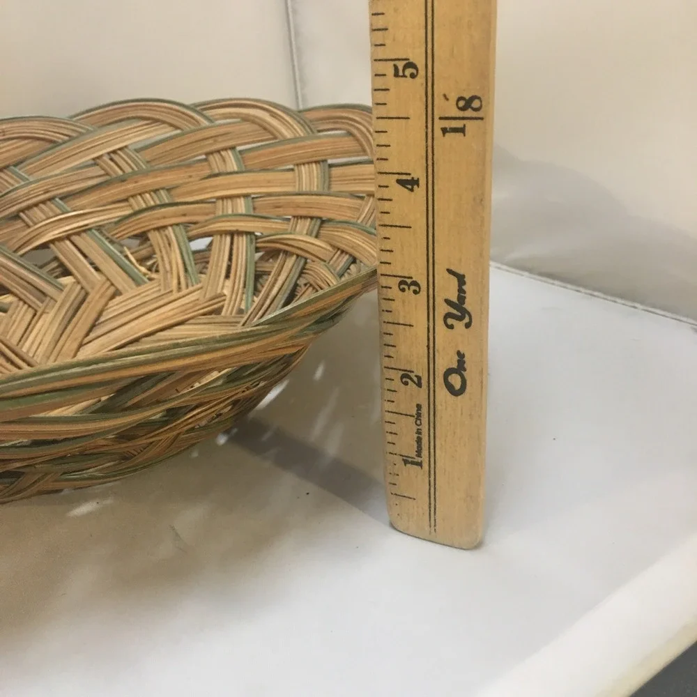 Woven Wicker Basket Bowl Unisex 11.5in Brown Green Boho Decor Cottagecore